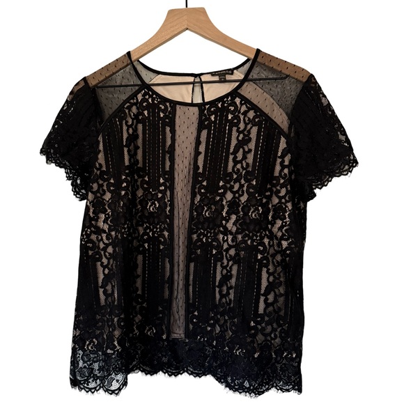 Express Tops - Express Black Lace Short Sleeve Blouse | Sheer Mesh Detail | Size L